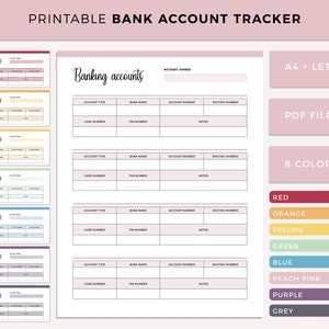 Bank Account Tracker Printable, Banking account Information Sheet, Bank Account List, Banking Account Log, Bank Account Details, A4 / Letter