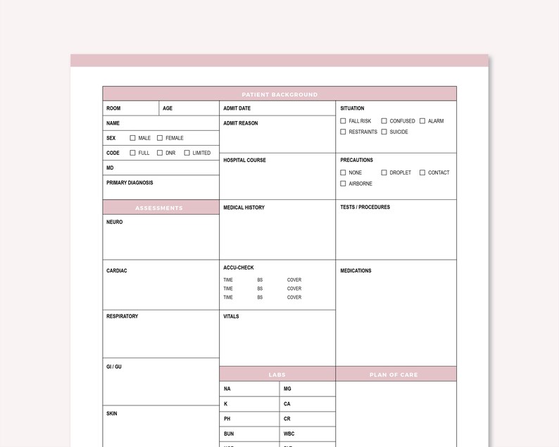 Close-up of the pink nursing report sheet with patient background, code status, precautions, situation flags and assessment sections