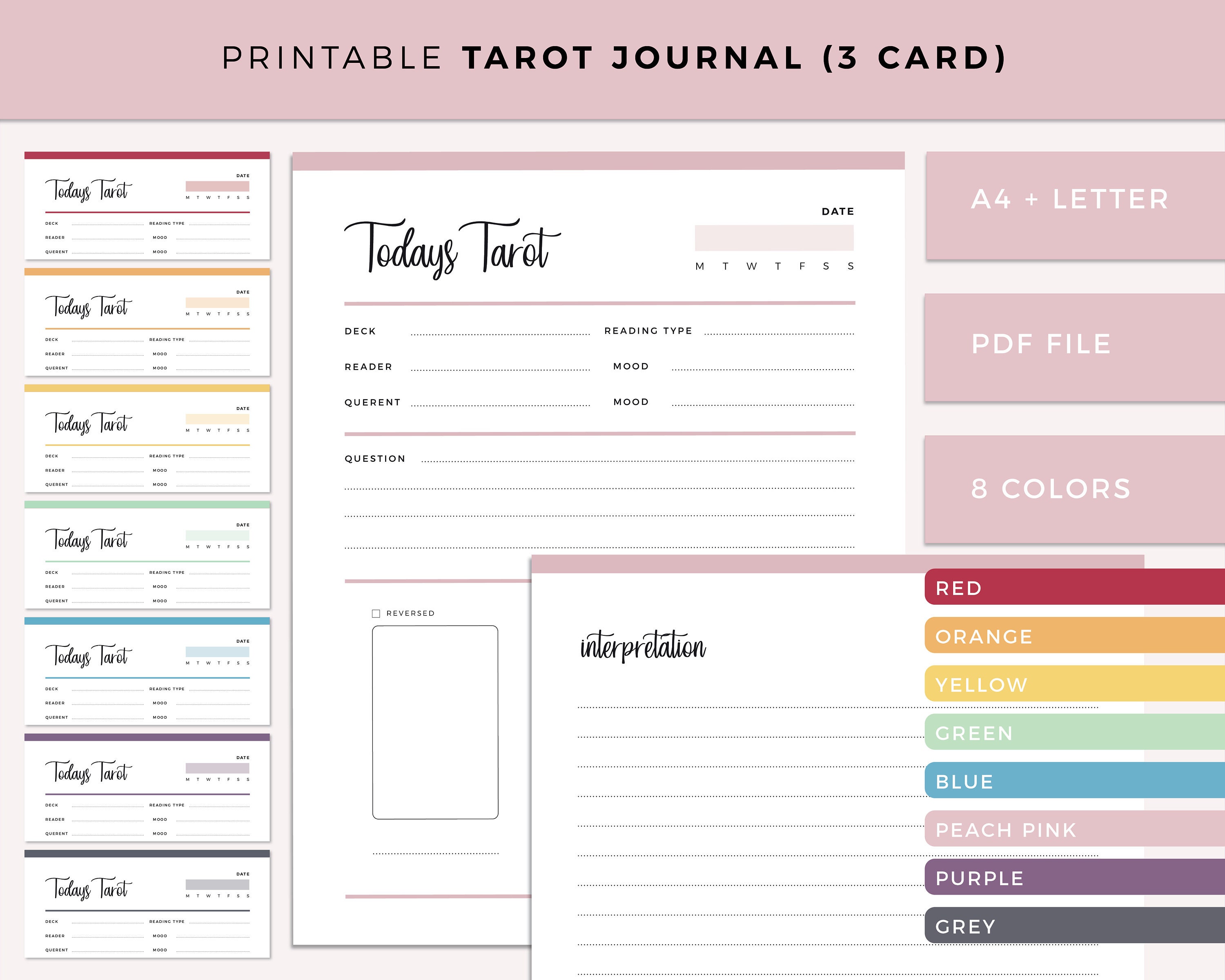 Printable Daily Tarot Journal, 3 Card Spread Tarot Diary, Tarot Pull Sheet,  Card Reading Planner Inserts for Divination and Witches 