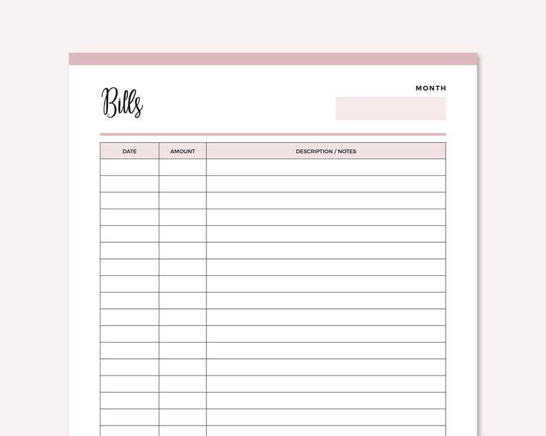 Printable Bill Payment Sheet Print at Home Monthly Bills - Etsy