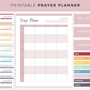 May include: Printable prayer planner in 8 colors: red, orange, yellow, green, blue, peach pink, purple, and grey. The planner is available in A4 and Letter sizes and in PDF format. The planner has a grid layout with columns for morning, mid-day, night, and other.