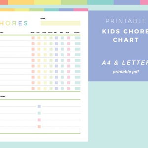 Printable kids chore chart, childrens responsibility chart, daily checklist, kids organization planner, kids schedule, US letter and A4 size