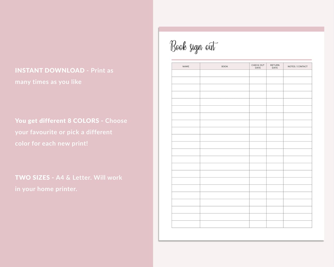 Printable Library Book Sign Out Sheet Book Sign Out Form - Etsy