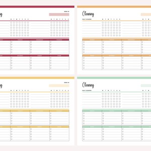Four daily cleaning checklist printable templates in red, orange, yellow, and green color schemes, each showing weekly cleaning planner layout with daily task tracking rows and day-of-week columns.