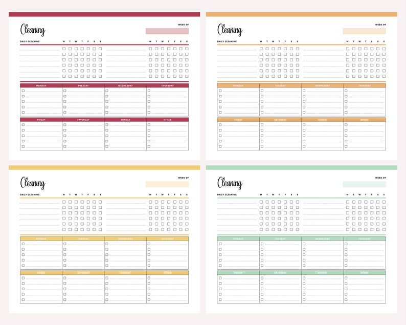 Four daily cleaning checklist printable templates in red, orange, yellow, and green color schemes, each showing weekly cleaning planner layout with daily task tracking rows and day-of-week columns.