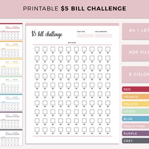 May include: Printable $5 bill challenge tracker in 8 colors: red, orange, yellow, green, blue, peach pink, purple, and grey. The tracker has 100 squares to track $5 bills saved. The tracker includes a start date and date completed section.