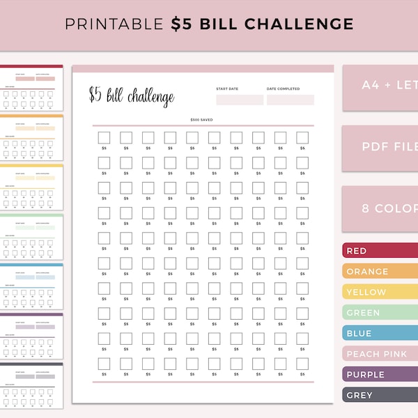 Printable 5 Dollar Bill Challenge, Cash Savings Challenge, Savings Tracker, Cash Envelope Savings Tracker, 5 Dollar Note Challenge