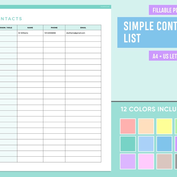 Editable Contact list template printable, contact sheet PDF, printable phone list, contact log, phone number list, phone directory template