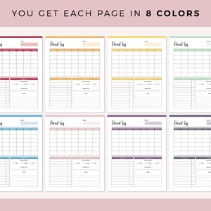 Eight versions of the same Period Log page from the printable period tracker shown side by side in red, orange, yellow, green, blue, pink, purple and grey, each with a monthly calendar grid, colour key and information box. Heading reads you get each page in 8 colors.