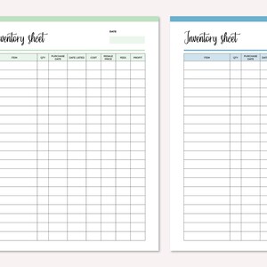 May include: Two printable inventory sheets with a light green and light blue header. The sheets are divided into columns with headings for item, quantity, purchase date, date listed, cost, resale price, fees, and profit.
