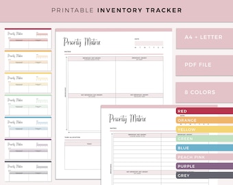 Puede incluir: Plantilla de seguimiento de inventario imprimible con una matriz de prioridad, una sección de asignación de tareas y un rastreador de fechas. La plantilla está disponible en 8 colores: rojo, naranja, amarillo, verde, azul, rosa melocotón, morado y gris. El documento está disponible en tamaños A4 y Carta y como archivo PDF.