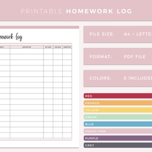 Printable homework log, print at home homework checklist, homework tracker, home work list, planner for school students and college