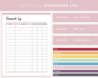 Printable homework log, print at home homework checklist, homework tracker, home work list, planner for school students and college
