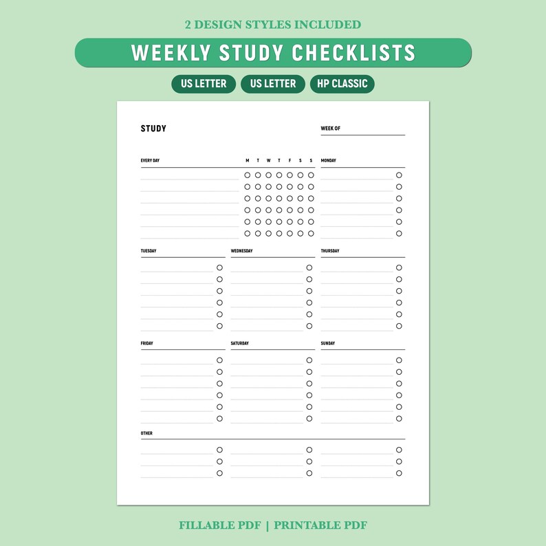 Sample Study Checklists Weekly Study Checklist Printable, Student Planner Template, Study ...
