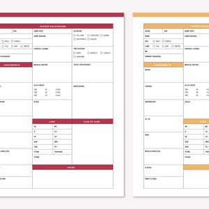 Red and orange nursing report sheets side by side, ready to print for a hospital shift