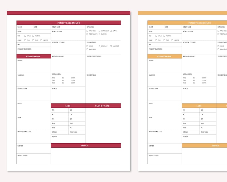 Red and orange nursing report sheets side by side, ready to print for a hospital shift