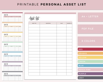 Asset List Printable, Home Inventory Sheet, Expensive Item List, Personal Finance Tracker, A4 and US Letter Size, Ready to Print