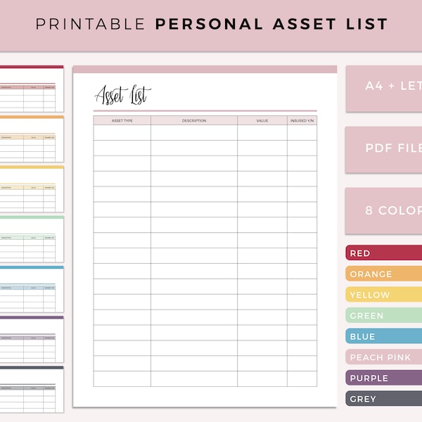 Asset List Printable, Home Inventory Sheet, Expensive Item List, Personal Finance Tracker, A4 and US Letter Size, Ready to Print