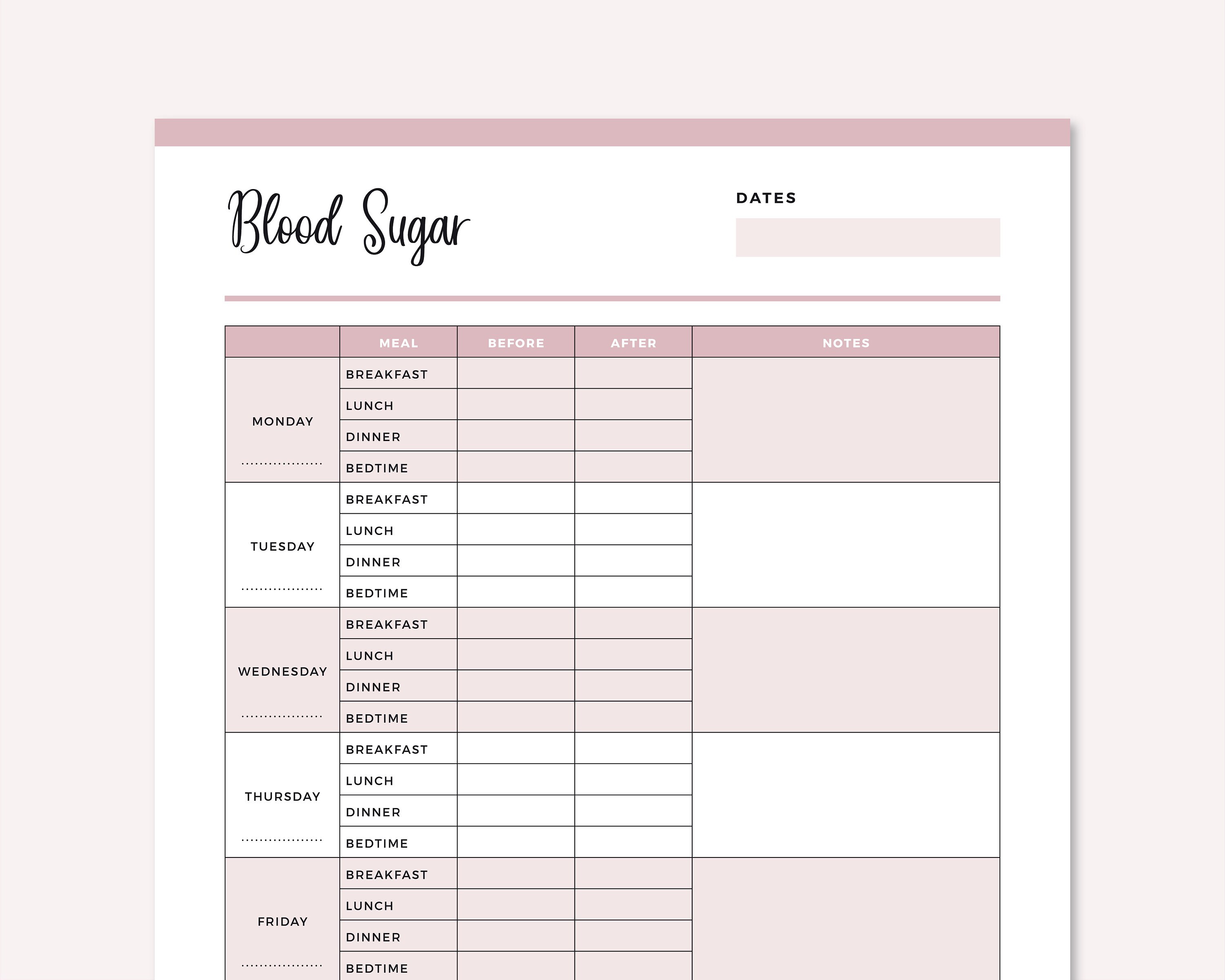 Printable Blood Sugar Journal Blood Glucose Log Diabetes Etsy