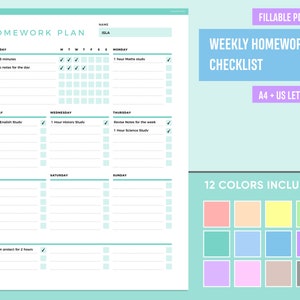 May include: A printable homework planner with a teal and white color scheme. The planner includes a weekly checklist, a daily checklist, and a section for other tasks. The planner is designed for A4 or US letter size paper. The text "FILLABLE PDF" and "12 COLORS INCLUDED" is visible at the top of the page.