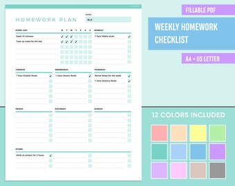 homework planner Editable Homework Checklist, Fillable Homework Planner, Printable Student Planner, Study Planner Checklist, Study List, A4 and Letter