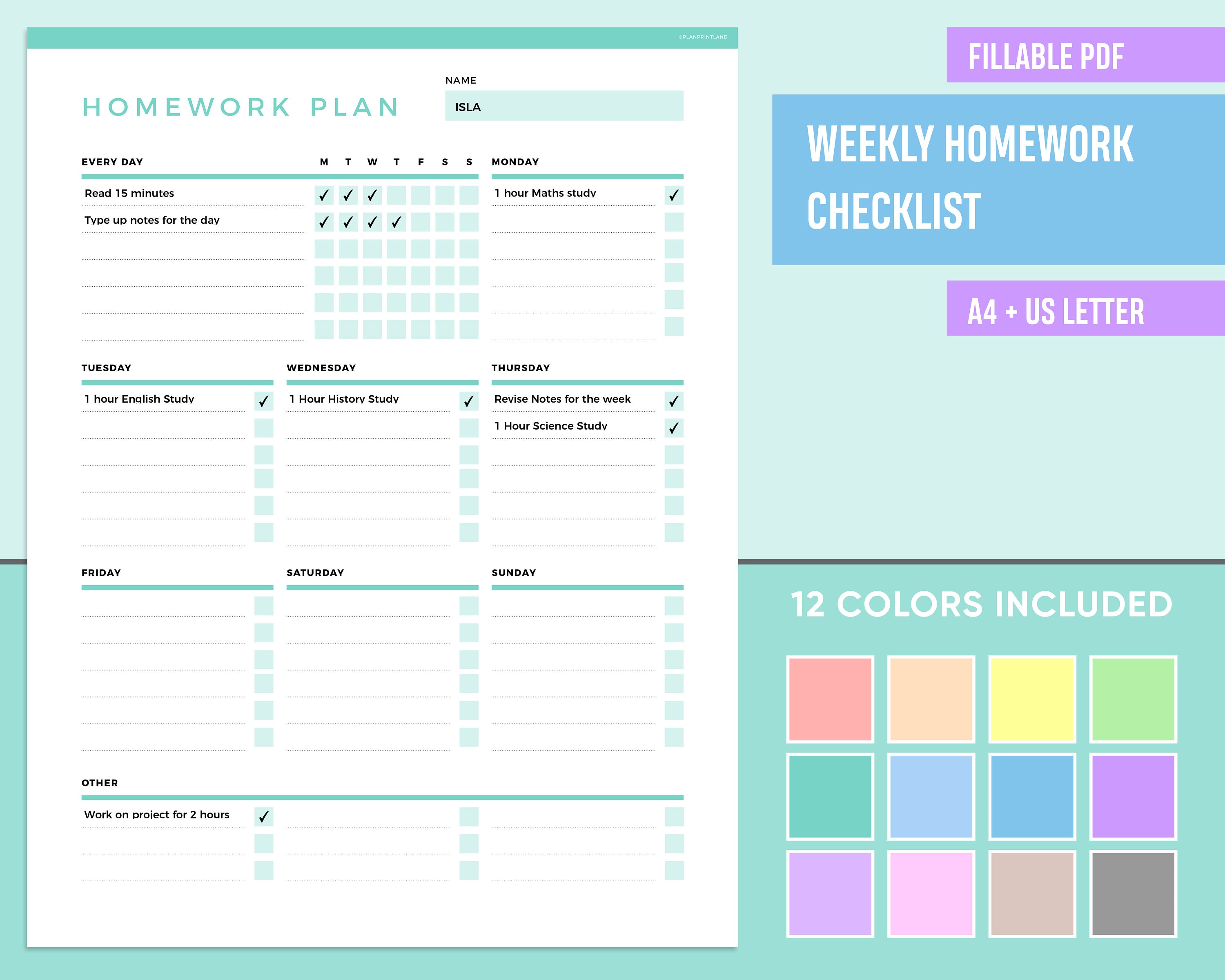 Homework Planner Editable, Instant Download Fillable PDF