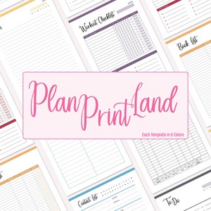 May include: A collection of printable planner templates in various colors. The templates include sections for notes, to-do lists, contact lists, book lists, and more. Each template is available in 8 colors. The text "Plan Print Land" is displayed in a pink banner.