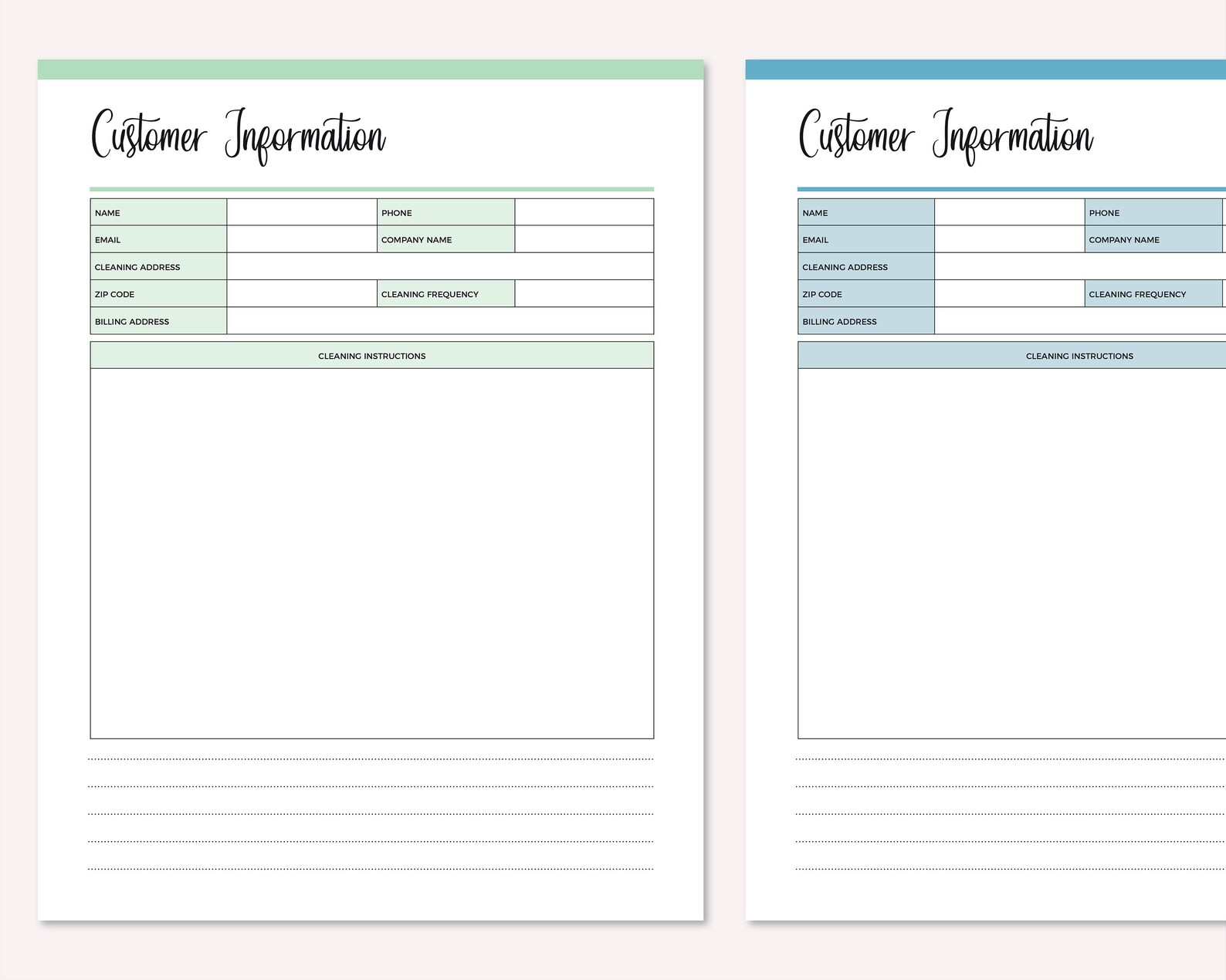 Printable Customer Information Sheet for Cleaning Businesses, Cleaning ...