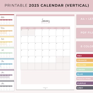 Calendario imprimible 2025, planificador mensual 2025, calendario mensual, inicio en domingo, inicio en lunes, calendario vertical, tamaño A4 y carta estadounidense