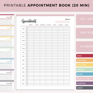 May include: Printable appointment book with 20-minute time slots. The book is available in 8 colors: red, orange, yellow, green, blue, peach pink, purple, and grey. The book is available in A4 and Letter sizes and is a PDF file.