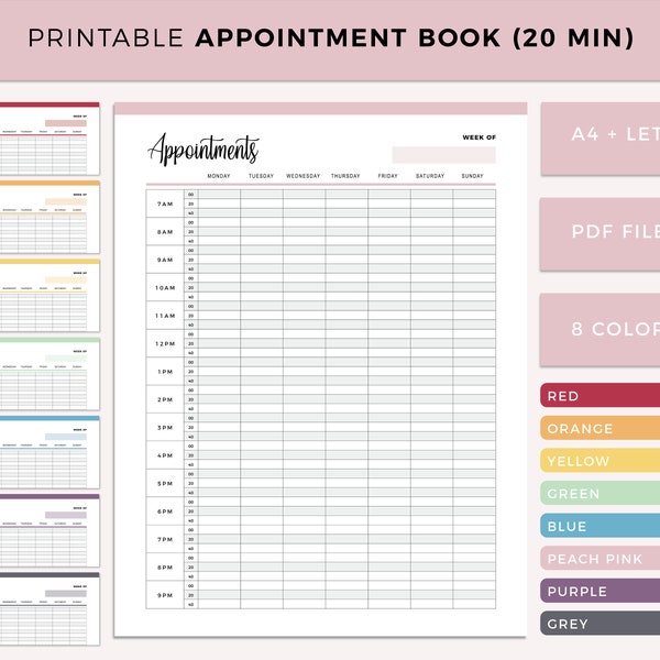 Printable Appointment Book, 20 Minute Interval Appointment Planner, Small Business Appointments, Salon Appointment Book, A4 and US Letter