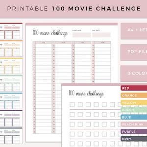 Printable 100 Movie Challenge, Movie Bucket List, Film Watchlist, Movie Watch List, Movies to Watch, Movie Journal, A4 and Printable