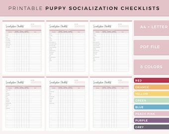 Afdrukbare checklist voor puppysocialisatie, socialisatielijst voor puppy's, nieuwe trainingsplanner voor puppy's, sjabloon voor sociale honden, A4 en US Letter