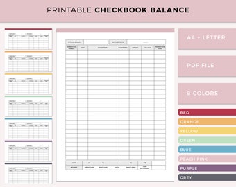 Registre de chéquier imprimable : format A4/Lettre, 8 couleurs (PDF)