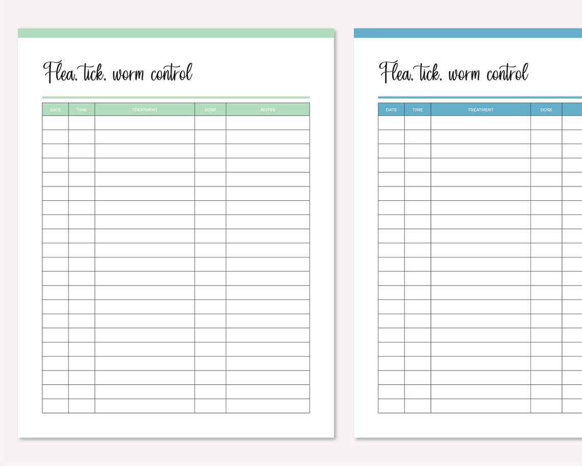 Printable Flea, Tick and Worm Control Log, Pet Care Health Records, Dog ...