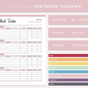 Rastreador de libros de texto imprimible, lista de libros de texto para estudiantes universitarios, seguimiento de libros de texto universitarios, planificador escolar A4 e inserto de carta para imprimir en casa