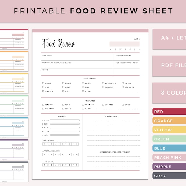 Printable Food Review Journal, Restaurant Review Sheet, Places to Eat, Food Tasting Record, Favourite Foods, Meal eating record, A4 / Letter