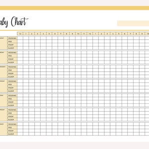 May include: A printable baby chart with a yellow header and black grid lines. The chart is divided into days of the week and hours of the day. The chart is labeled with the words "Baby Chart" and "Dates".
