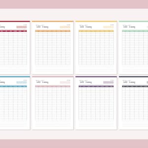 Pode incluir: Oito tabelas de treino para o penico imprim&iacute;veis em diferentes cores: vermelho, laranja, amarelo, verde, azul, rosa, roxo e cinza. Cada tabela tem o t&iacute;tulo "Toilet Training" e colunas para a data, hora, xixi e coc&oacute;.
