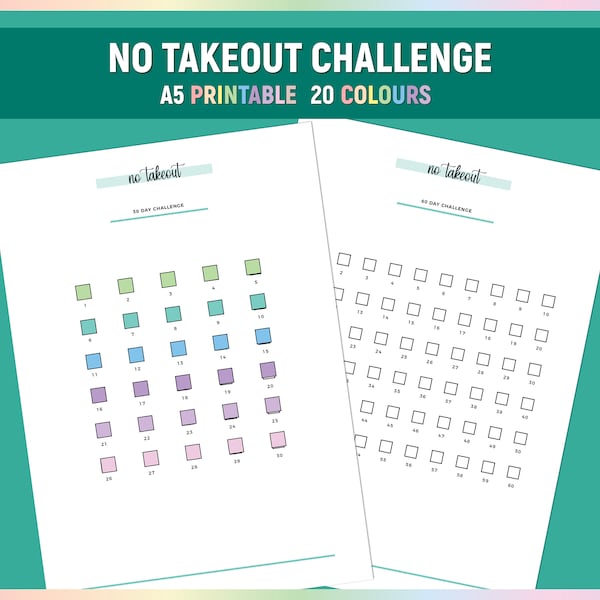 30 Day No Takeout Challenge Tracker, 60 Day Takeout Free Log, A5 Printable Home-Cooked Meal Challenges Journal, Daily No Takeout Log PDF