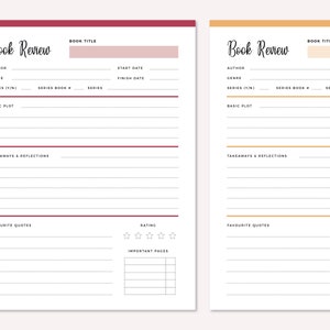 Two book review template pages in red and orange side-by-side displaying the full structure with colored header bars and sections for book details, plot analysis, takeaways, quotes, ratings, and important pages.