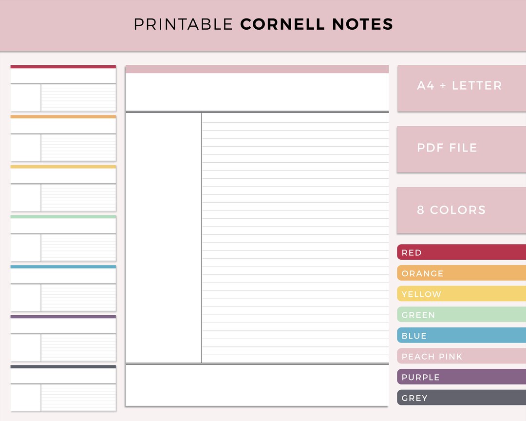 印刷可能なコーネルノート、自宅で印刷できるコーネルノート作成システムの罫線入りノートプランナーインサート、カラー印刷されたA4およびレターサイズのテンプレート  - Etsy 日本