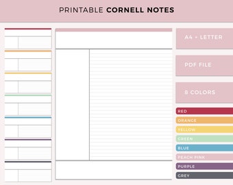 Printable Cornell notes, print at home cornell note taking system lined notes planner inserts, color colded A4 and Letter size templates