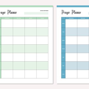 May include: Two printable prayer planner templates. The left template has a light green background and the right template has a light blue background. Both templates have a weekly layout with columns for morning, mid-day, night, and other.