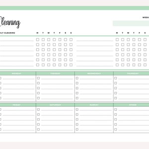 Green daily cleaning checklist printable displaying the complete weekly cleaning planner format with daily cleaning section at top and day-by-day task columns for Monday through Sunday.