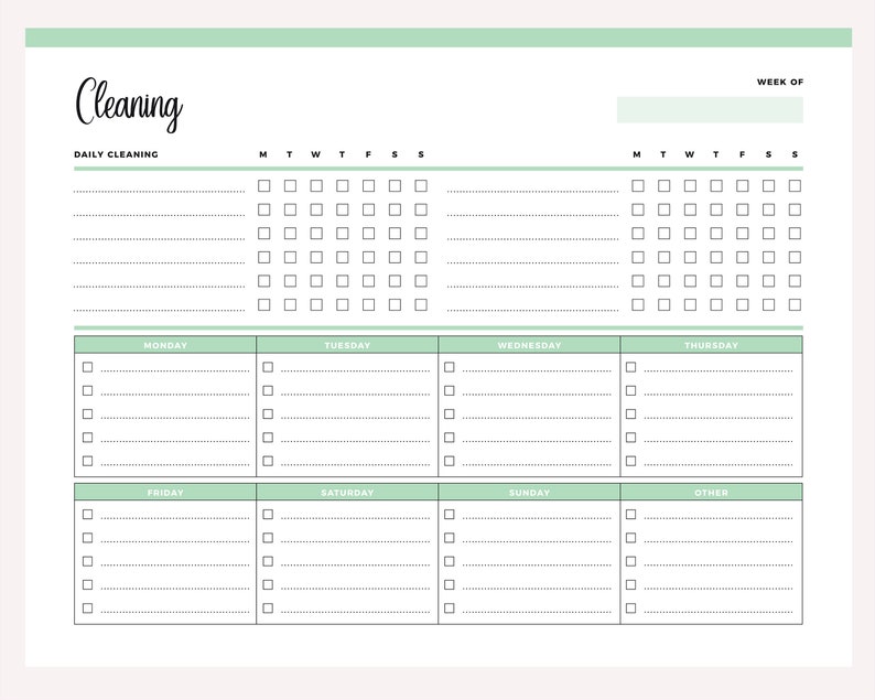 Green daily cleaning checklist printable displaying the complete weekly cleaning planner format with daily cleaning section at top and day-by-day task columns for Monday through Sunday.