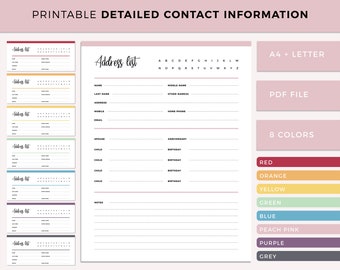Detailed Address Book, Contact Information Sheet Printable, Family Contact Info, Address Book, Contact List, Phone Book, A4 and Letter PDF