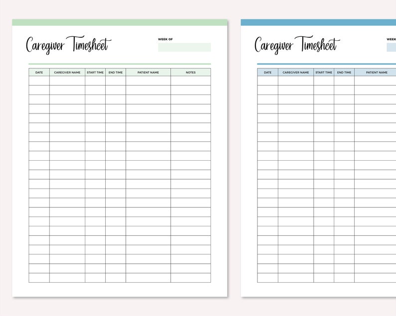 Printable Caregiver Timesheet Home Health Care Time Sheet - Etsy