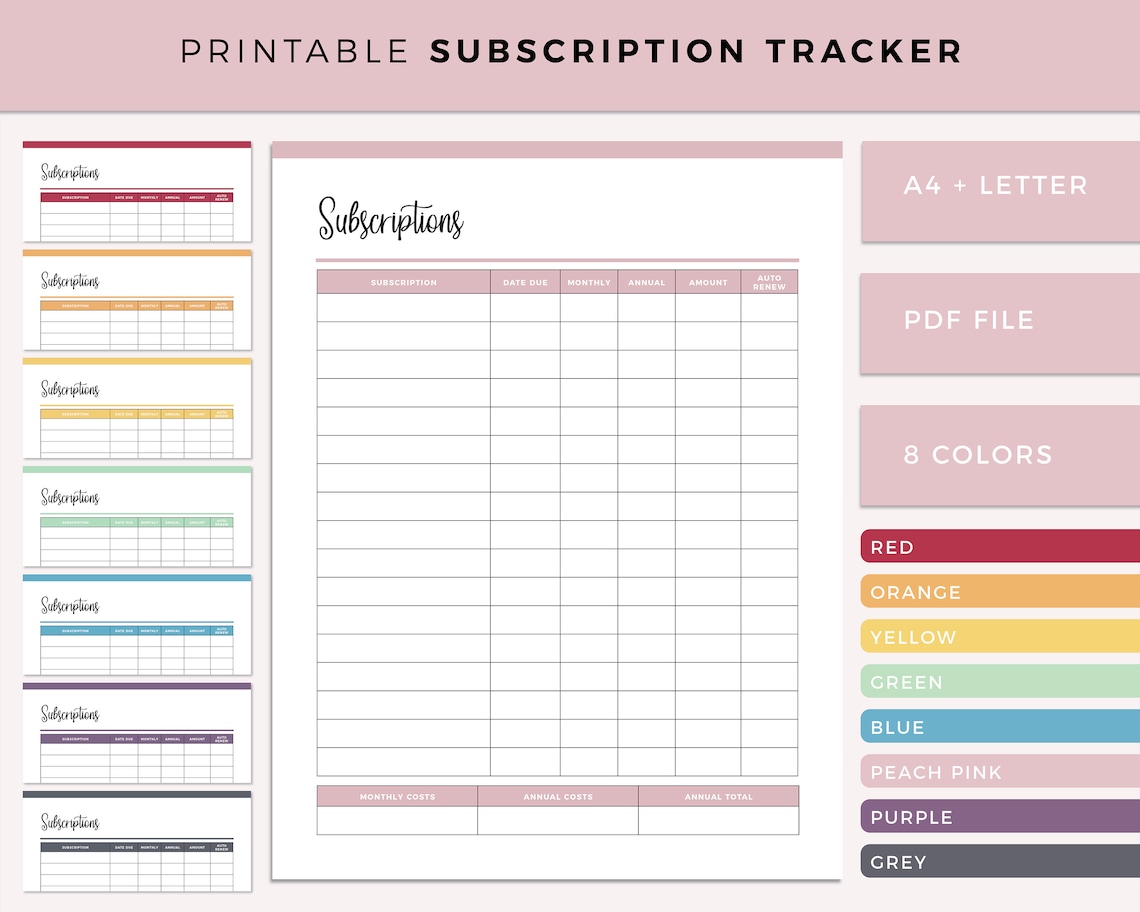 Printable Subscription Tracker Membership Tracking Monthly Etsy