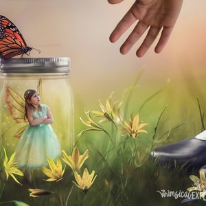 Digital Backdrop, Fairy in a jar, Fairy, Fantasy, Butterfly, Child, Flowers, Photo Background, Composite Photography